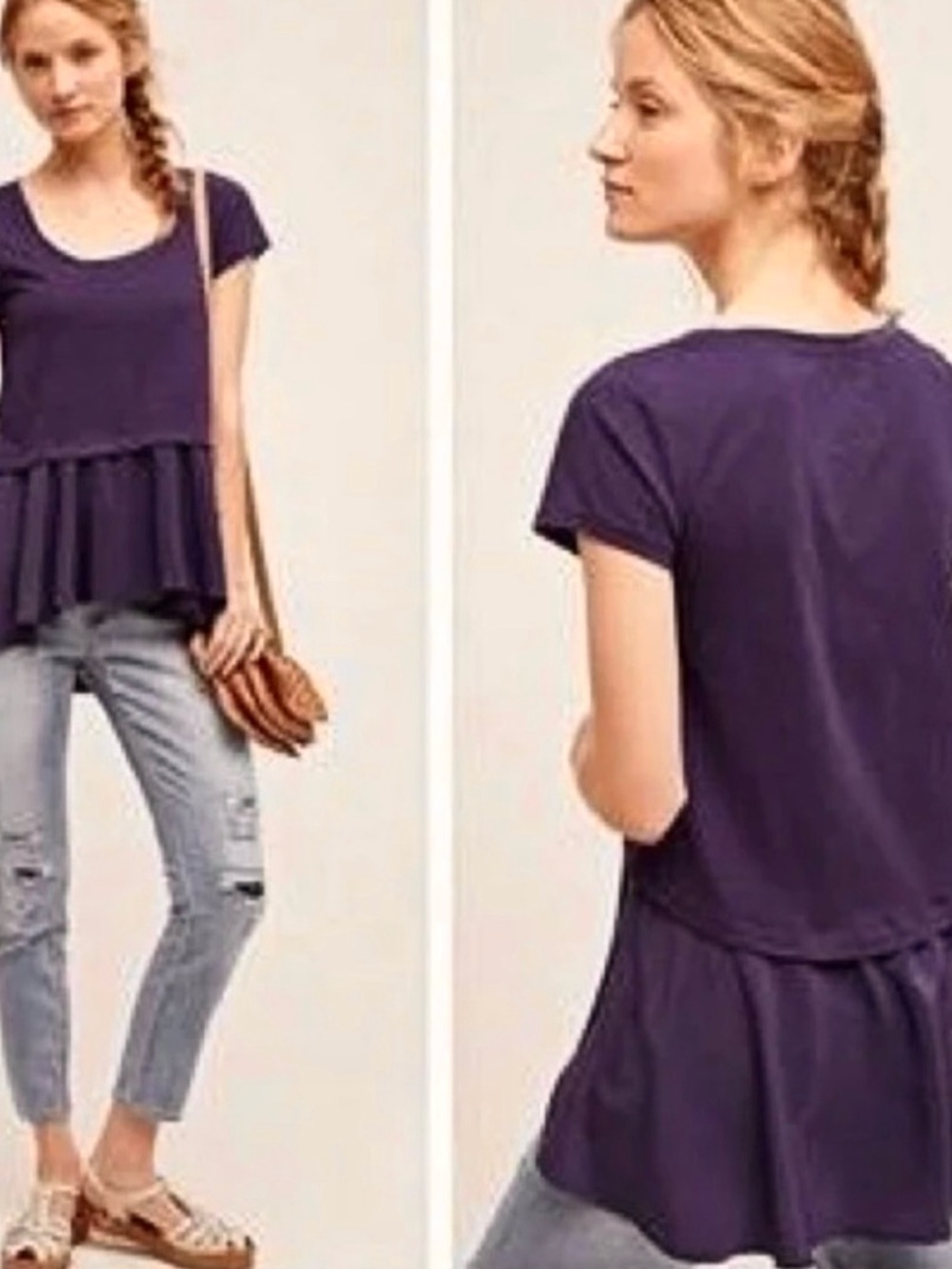 Anthropologie Postmark Gray Purple Short-Sleeve Peplum Tee Top Small EUC